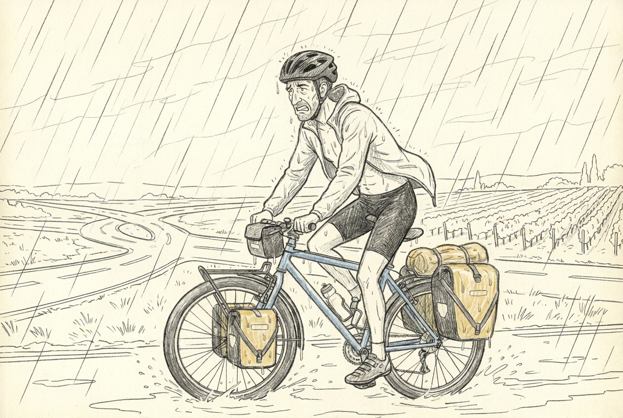 Michel et le vélo Bamako avancent sous une pluie torrentielle près des vignes