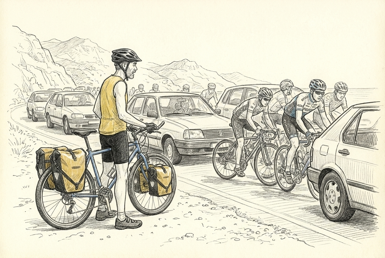 Michel et Bamako observent des coureurs du Tour d'Espagne coincés au milieu de voitures sur une route restée ouverte.