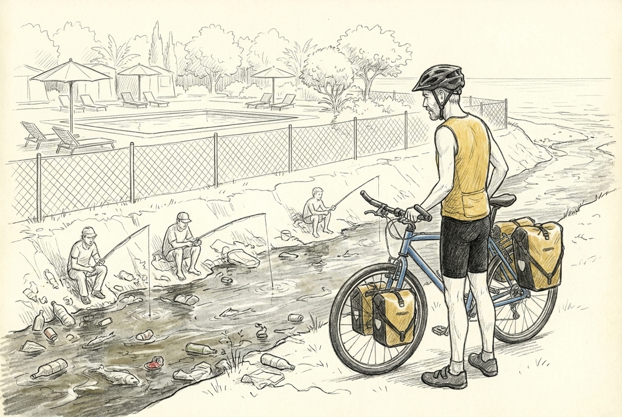 Michel et Bamako regardent des pêcheurs lancer leur ligne dans un canal encombré de bouteilles, bidons et plastiques, près d'un camping très propre.