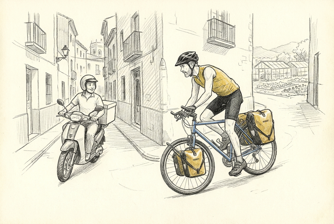 Un pizzaïolo en scooter guide Michel et son VTT Bamako chargé à travers les rues de Carthagène.