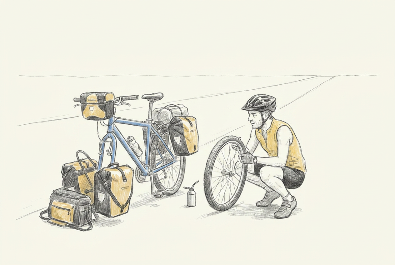 Michel inspecte les roues et les moyeux de Bamako déchargé dans une longue montée désertique, les sacoches posées au sol.