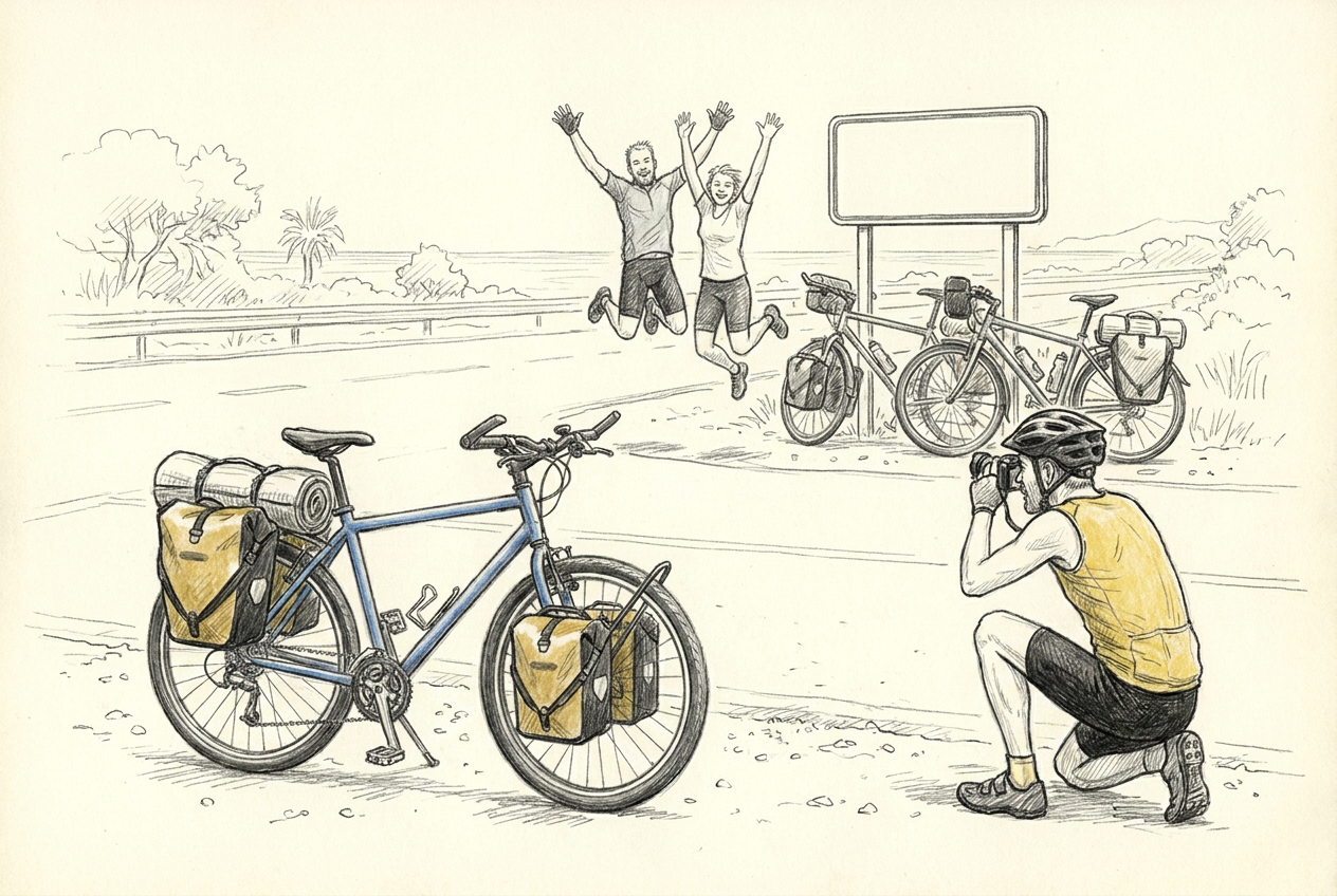 Michel photographie deux cyclistes finlandais sautant de joie avec leurs vélos chargés devant un panneau de ville sans inscription.