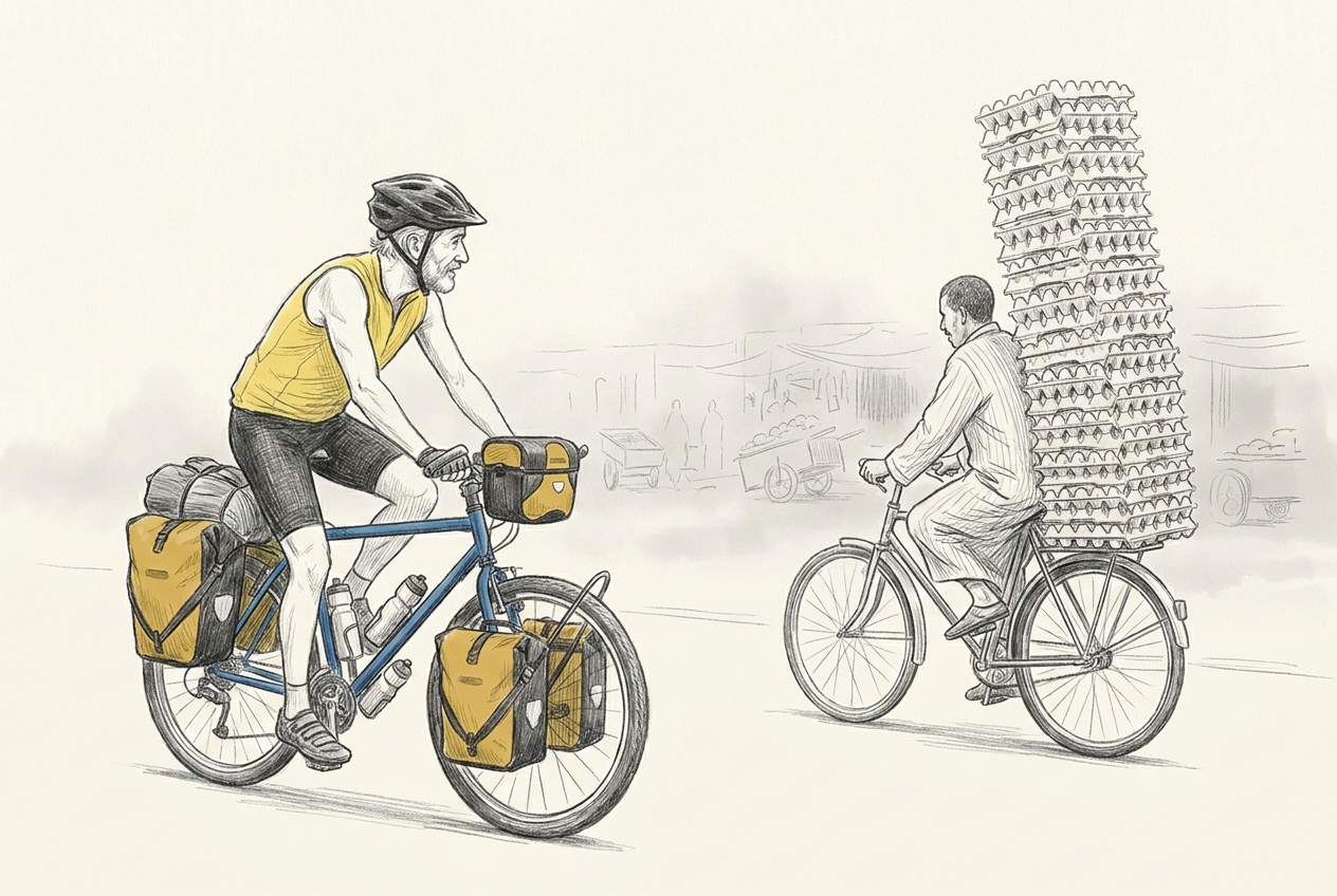 Michel croise un cycliste marocain transportant sur son VTT une très haute pile de cartons remplis d'œufs.