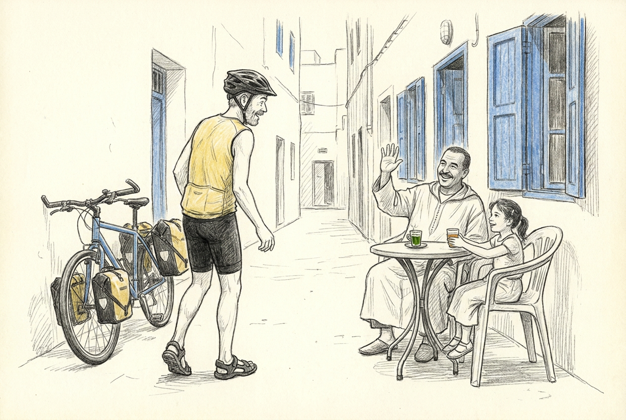 Dans une rue blanche et bleue d’Essaouira, Michel retrouve à une terrasse l’homme rencontré dans le bus et sa petite-nièce.