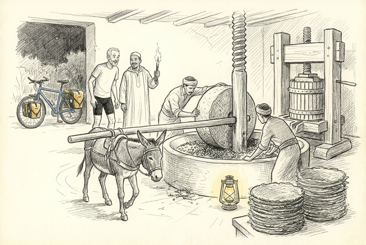 Michel et Mohamed regardent un âne faire tourner la grande meule d’un moulin à huile traditionnel.