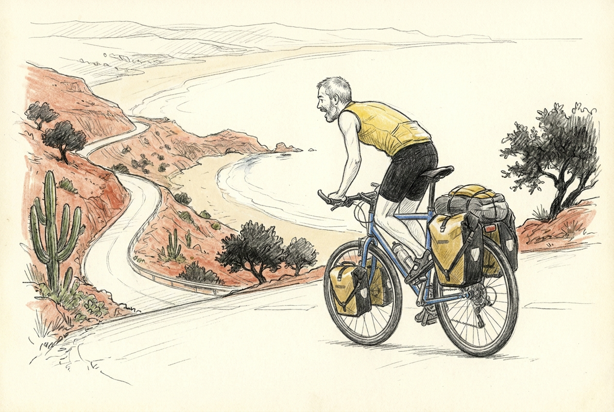 Michel et Bamako filent dans une longue descente face à la mer avant Agadir.
