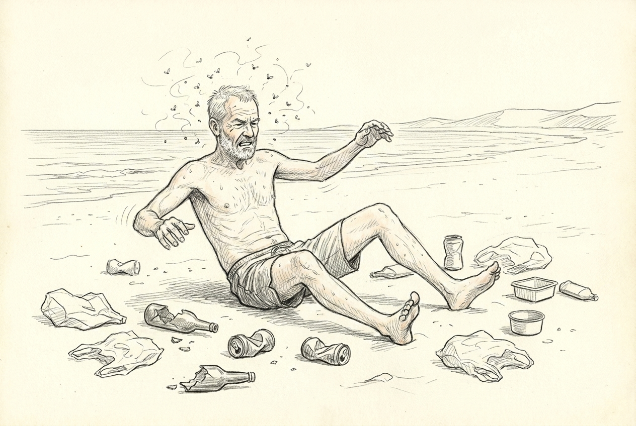 Sur la belle plage pourtant jonchée de déchets, Michel se fait assaillir par les mouches après un bain glacé.