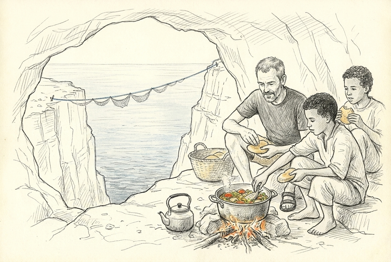 Michel partage un poisson mijoté avec deux pêcheurs sahraouis dans une grotte au-dessus de l’océan.
