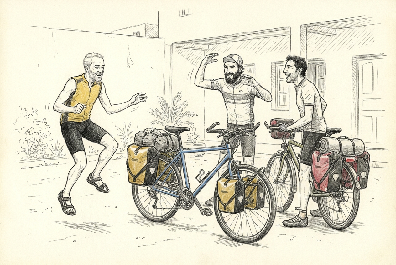 À Laâyoune, Michel et deux cyclistes des Canaries se comprennent par gestes autour de leurs vélos chargés.