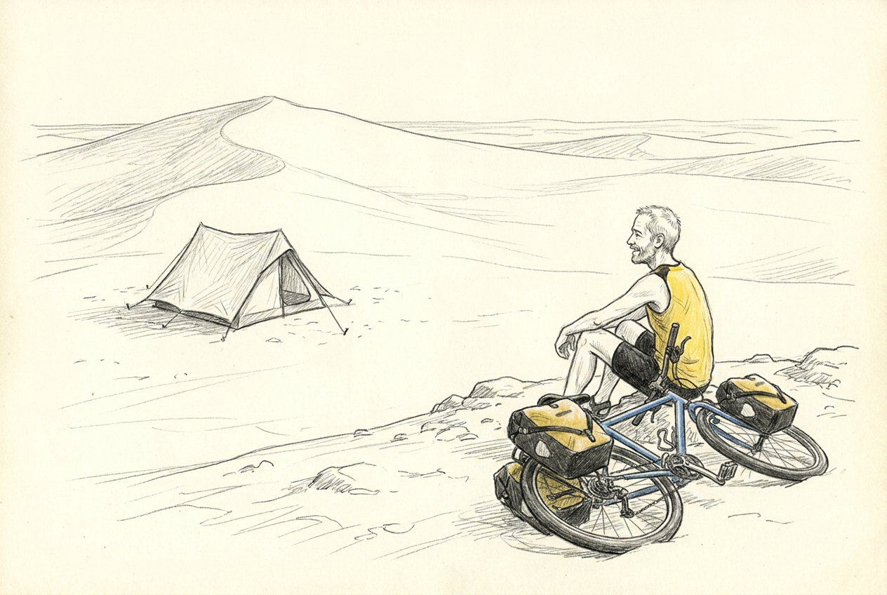 Michel campe seul derrière les dunes, avec Bamako couché dans le sable faute de pouvoir tenir debout.