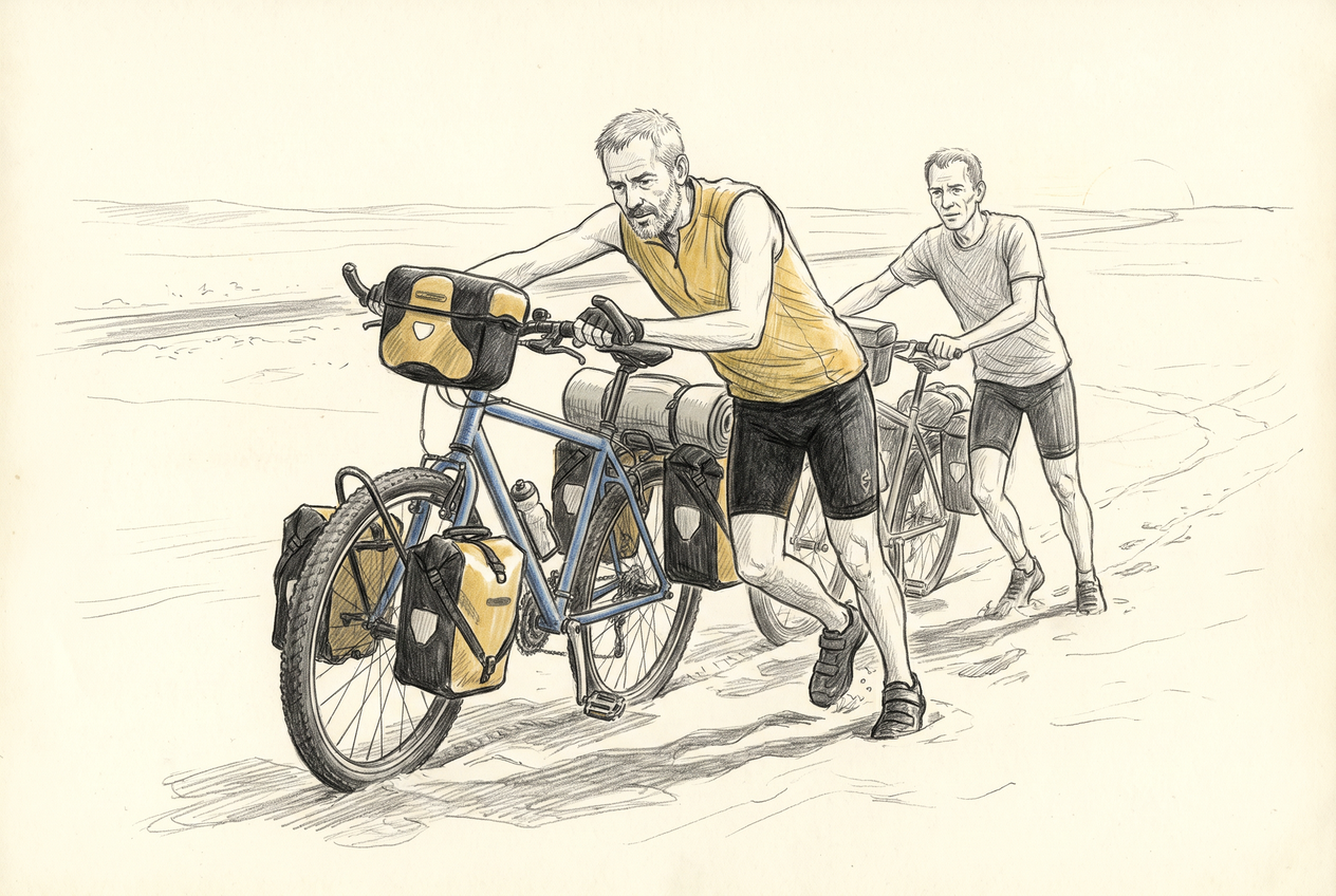 Michel et son compagnon cycliste nantais poussent leurs vélos chargés derrière une dune pour camper.