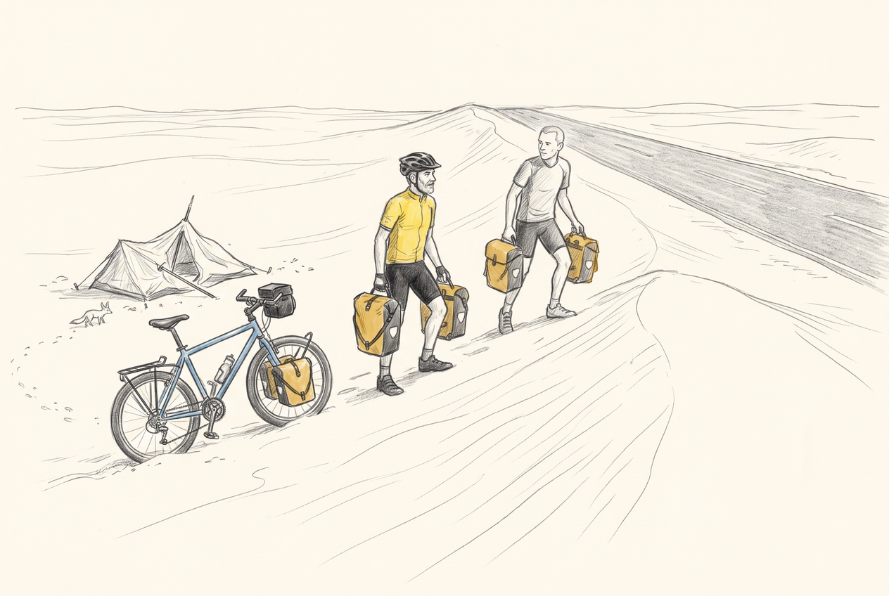 Michel et son compagnon cycliste nantais transportent les sacoches et poussent leurs vélos dans le sable.
