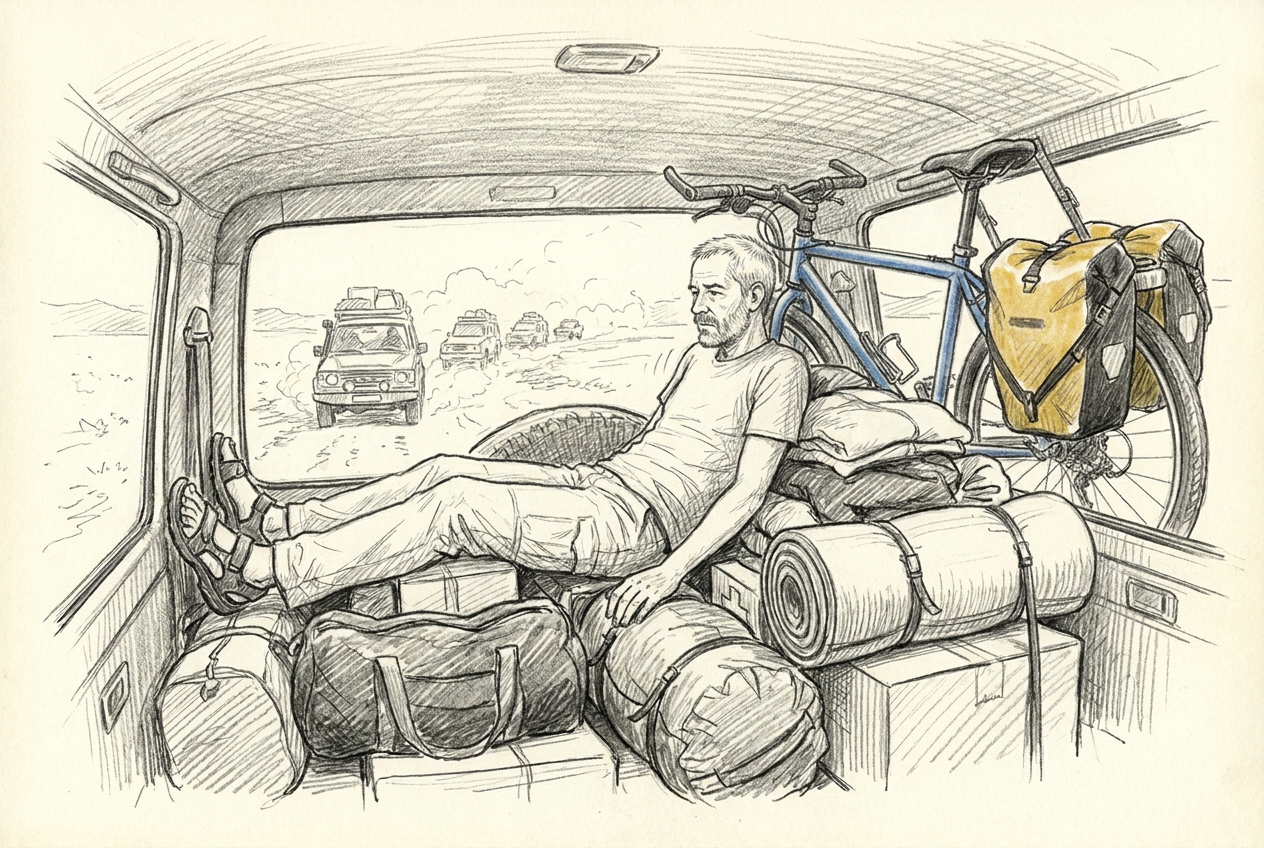 Michel voyage couché entre les bagages et le plafond d'un 4x4 sur la piste mauritanienne.