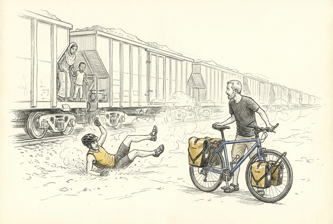 Michel roule dans la poussière après avoir sauté du train qui redémarre à Choum.
