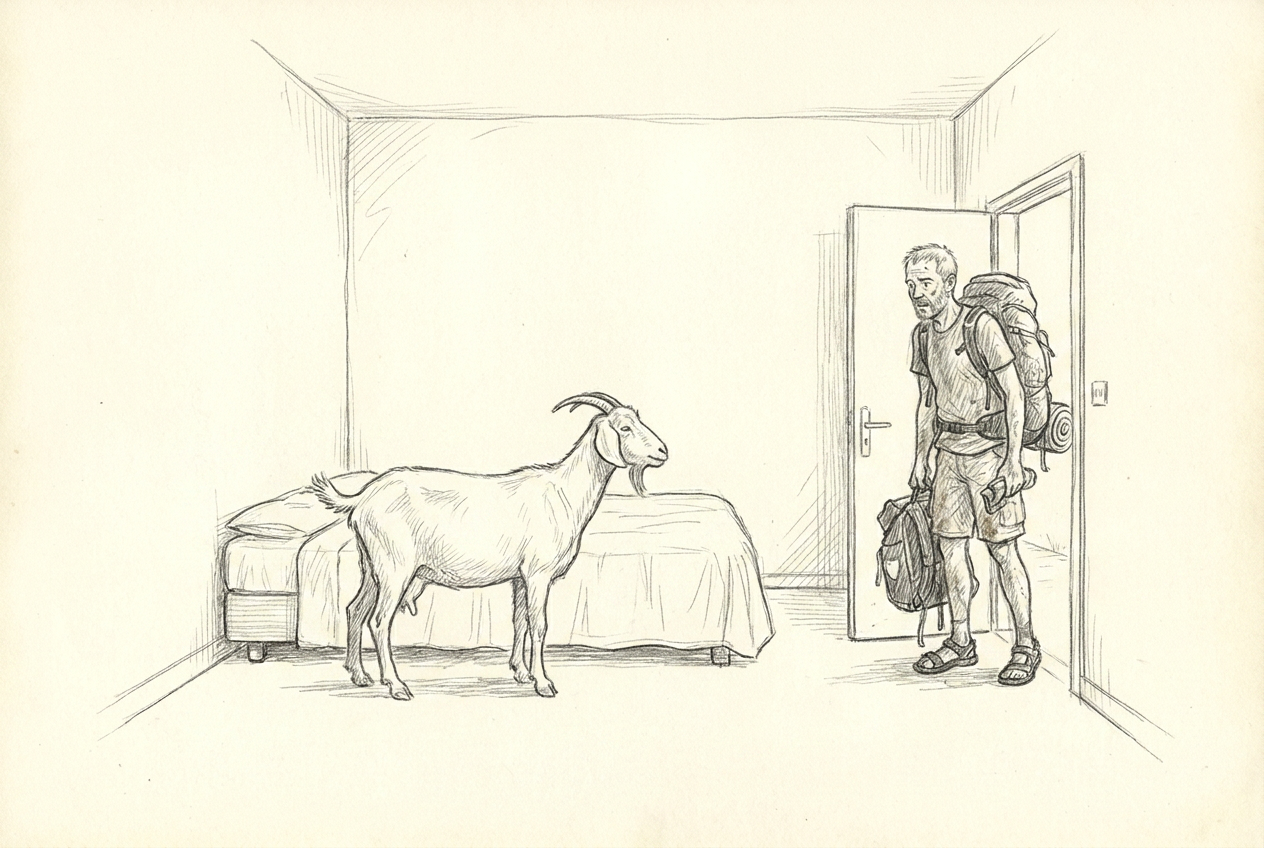 Le compagnon nantais découvre une chèvre dans la chambre qu'il a louée à Atar.