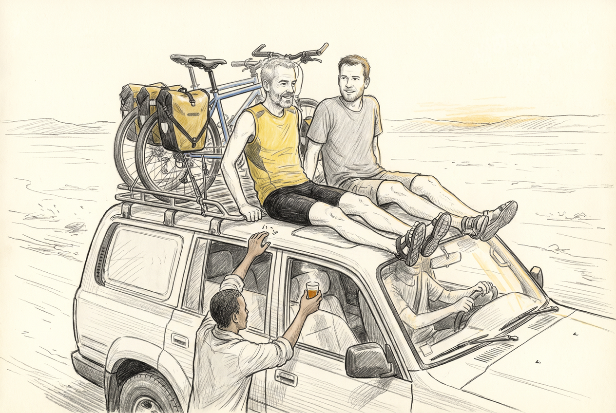Michel et son compagnon cycliste nantais reçoivent du thé sur le toit d'un 4x4 en marche, près de leurs deux vélos attachés.
