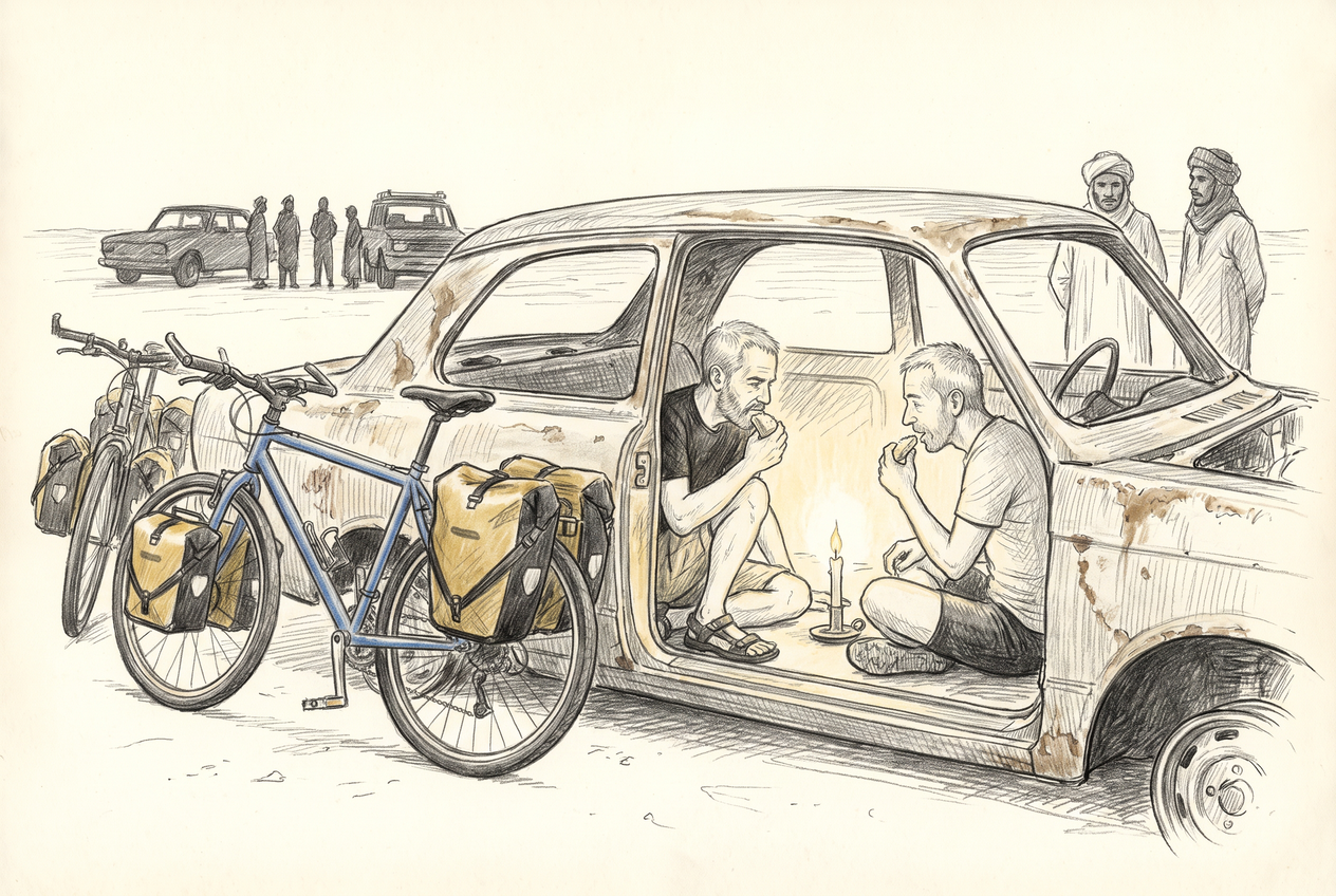 Michel et son compagnon cycliste nantais mangent à la bougie dans une vieille carcasse de voiture au bord de la route.