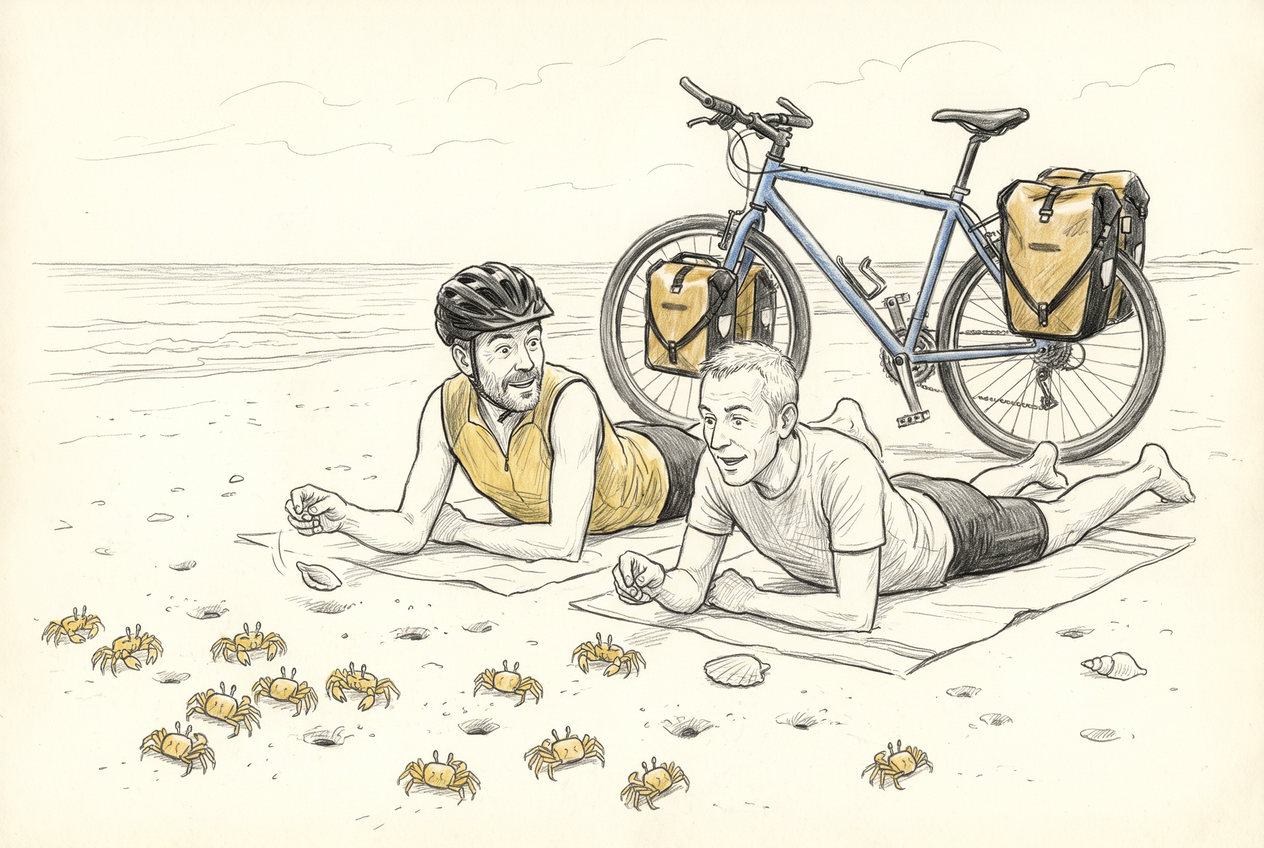 Des crabes jaunes sortent du sable autour de Michel et de son compagnon cycliste nantais sur la plage.