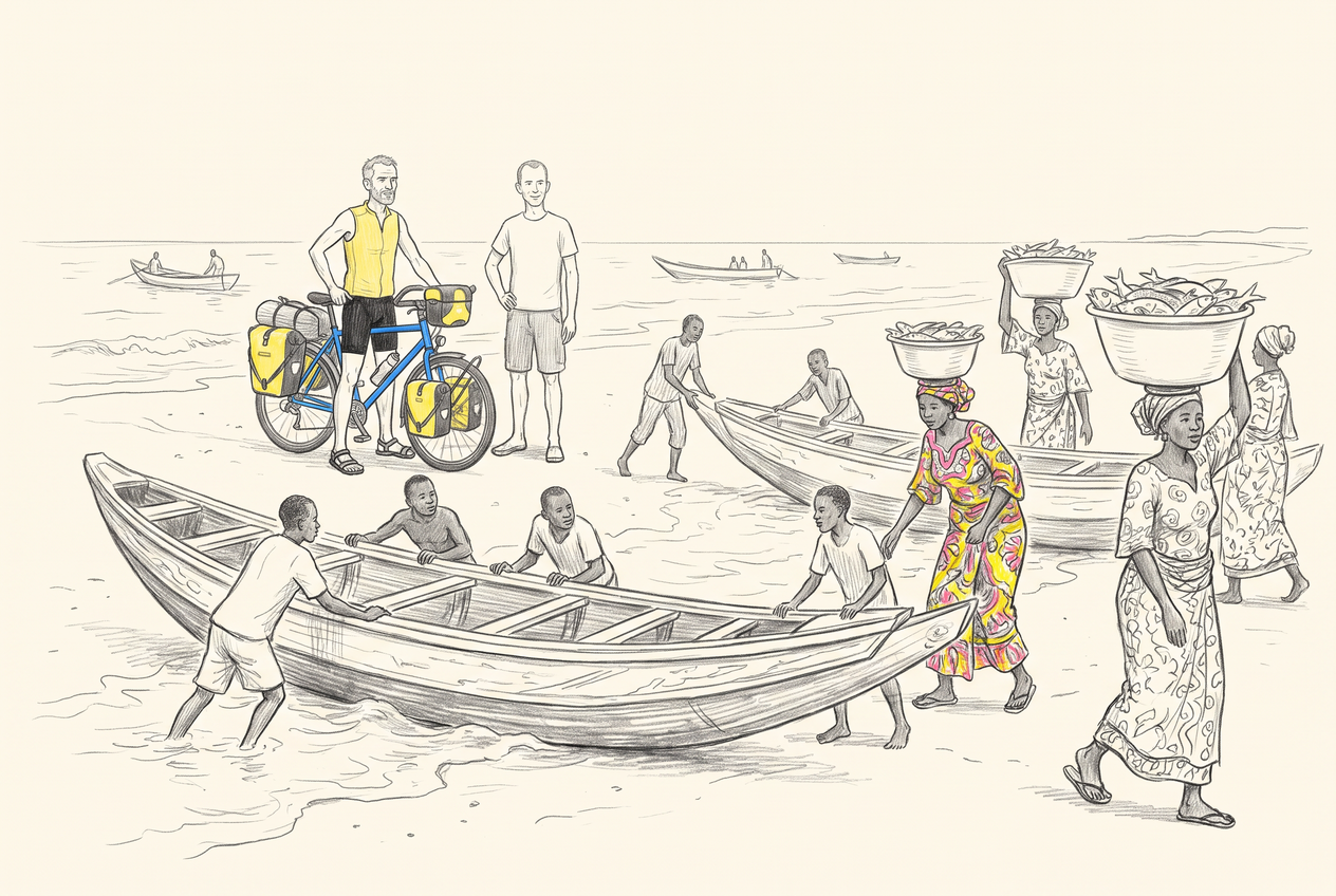 Michel et son compagnon cycliste nantais observent des pêcheurs pousser une pirogue tandis que des femmes emportent le poisson.