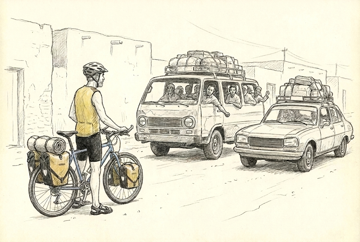 Un véhicule de transport sans portières circule à Nouakchott avec des passagers sur les côtés et à l'arrière.