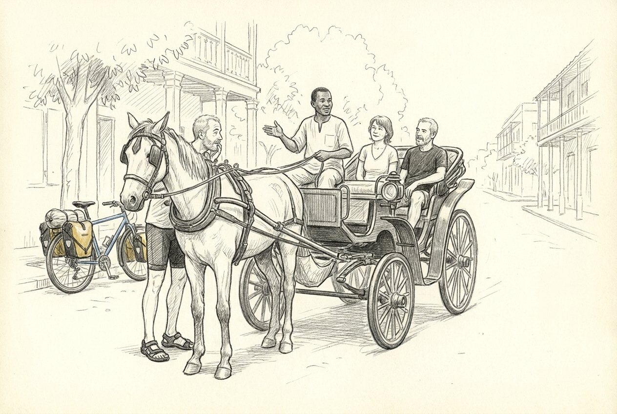 Michel, Claire, Fred et leur guide visitent Saint-Louis dans une calèche tirée par un cheval.