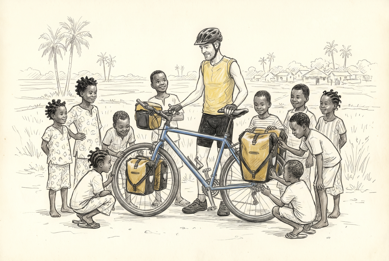Des enfants sénégalais entourent et examinent le VTT chargé de Michel au bord de la route.