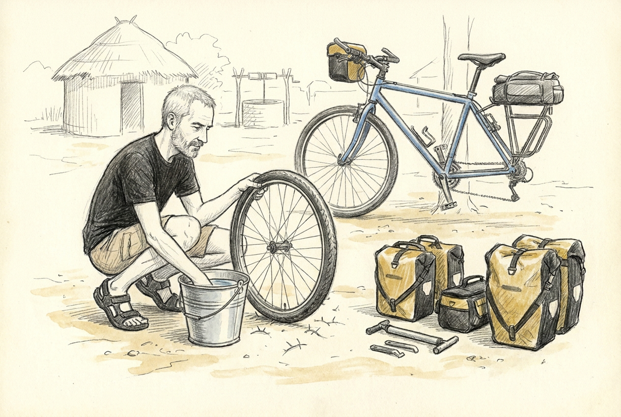 Michel cherche les petits trous de la chambre à air dans un seau d'eau près du puits, les sacoches retirées du vélo.