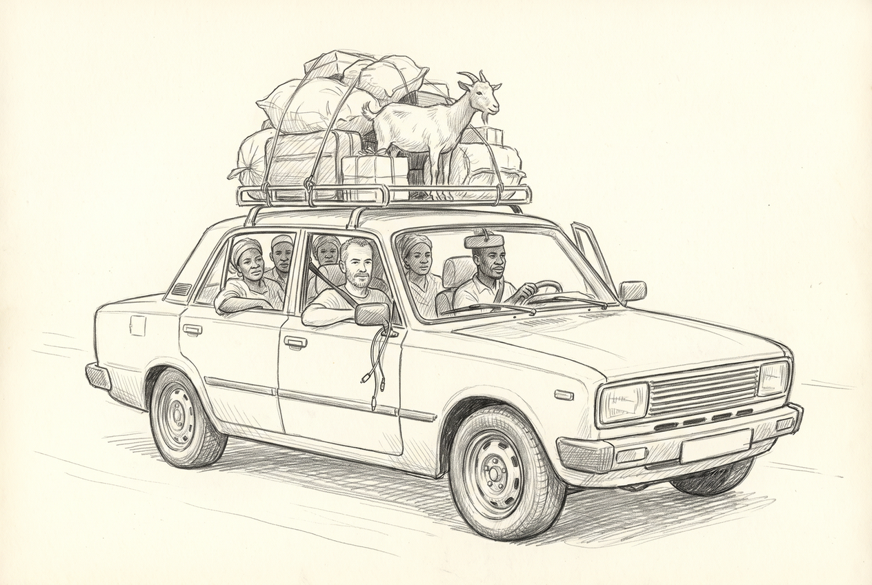 Michel voyage avec six passagers sénégalais dans une Peugeot 504 chargée de bagages et d'une chèvre sur la galerie.