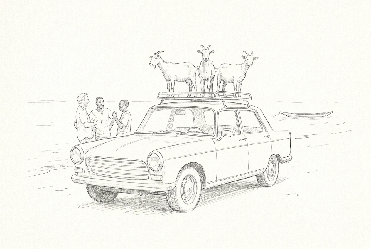 Michel plaisante avec des piroguiers près d'une Peugeot 504 portant trois chèvres sur sa galerie.