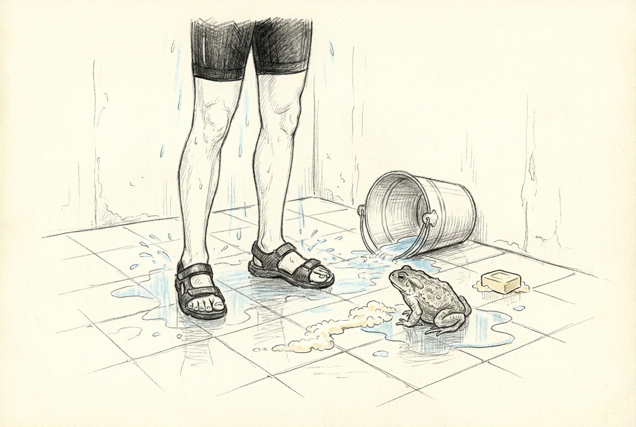 Un gros crapaud se tient dans les éclaboussures de la douche au seau et s'écarte de la mousse de savon.