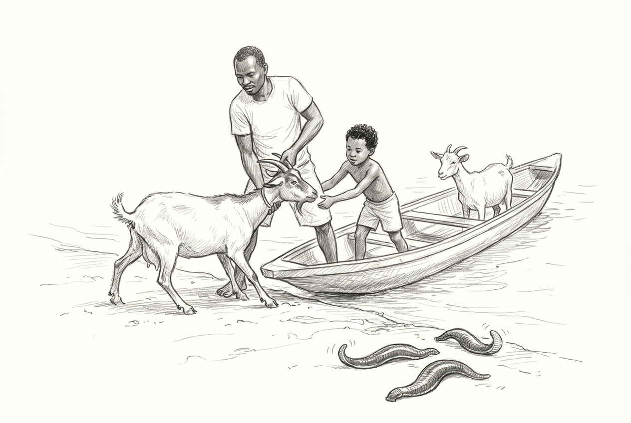Un père et son fils sénégalais font monter des chèvres réticentes dans une petite pirogue au bord du fleuve.