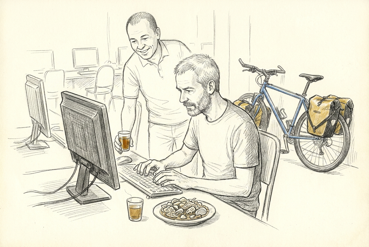 Michel utilise l'ordinateur d'un cybercafé tandis que le gérant lui apporte du thé et des tripes en sauce.