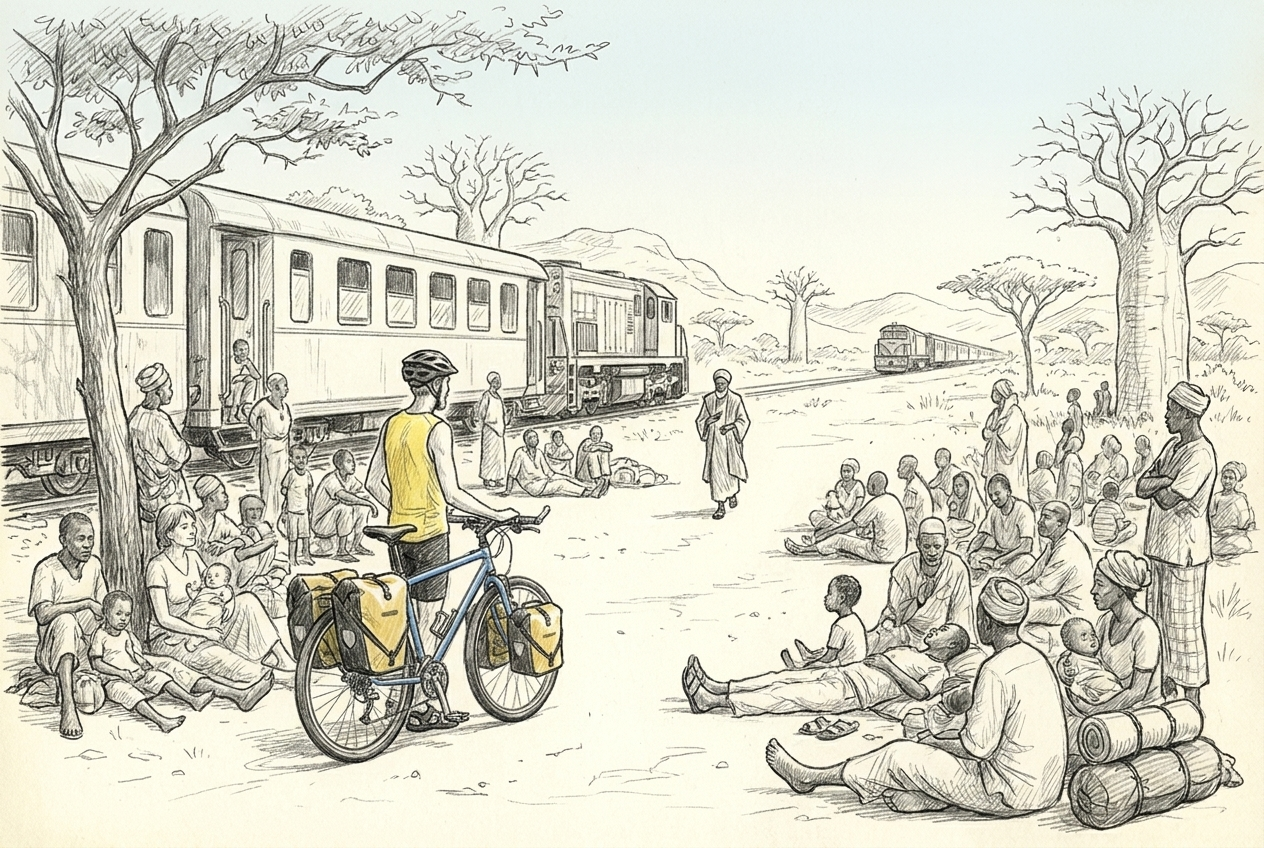 Des voyageurs attendent autour d’un train en panne dans la brousse tandis qu’un marabout marche vers la locomotive.