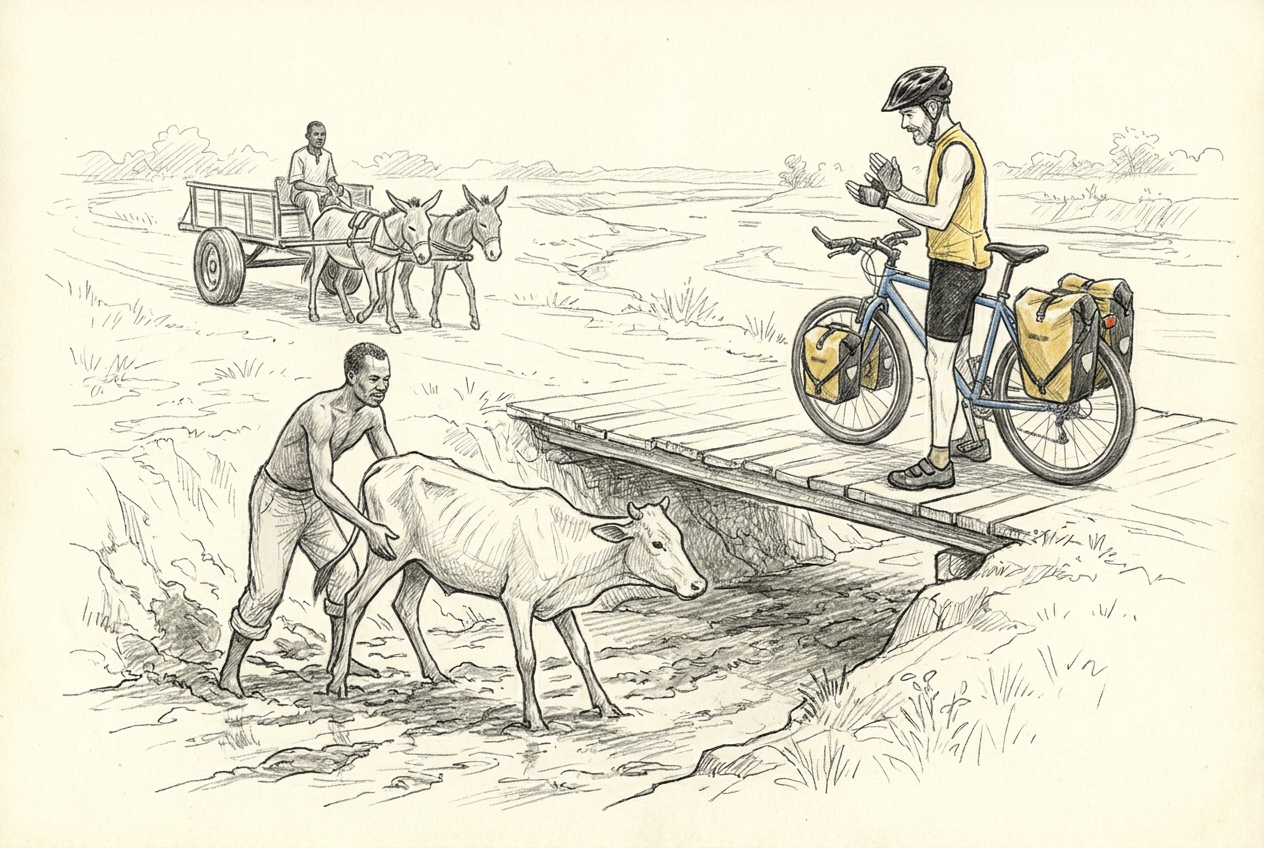 Un homme sort une jeune vache de la boue sous le regard soulagé de Michel depuis le pont.