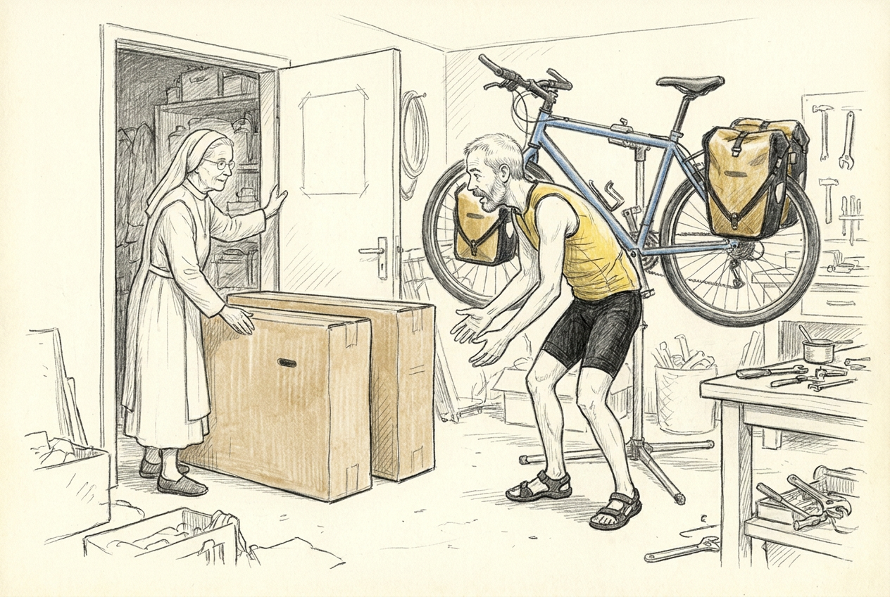 Une sœur montre à Michel deux grands cartons pour vélo dans le garage de la mission à Bamako.