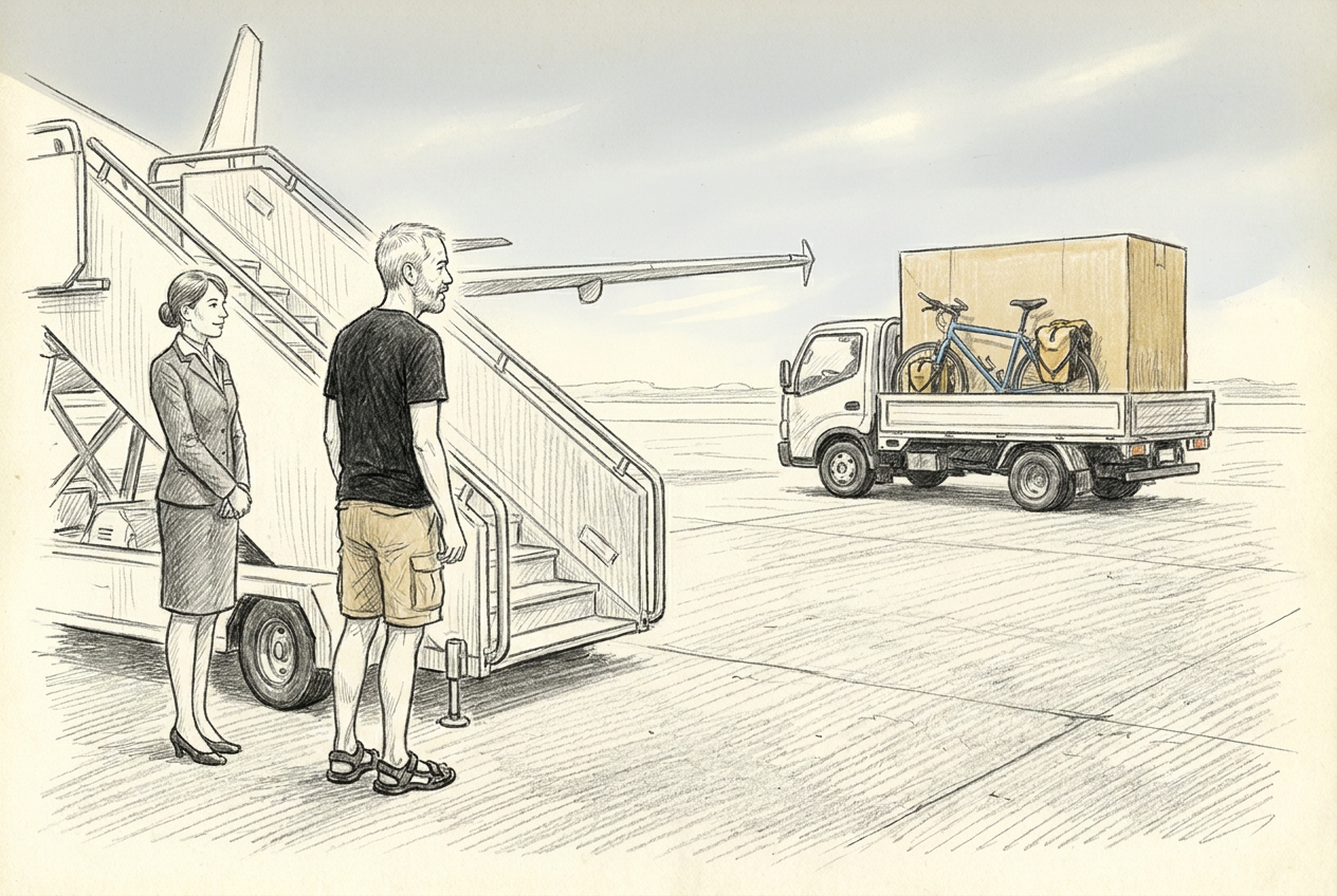 Michel voit enfin arriver le grand carton de son vélo sur un camion alors qu’il attend près de l’avion à Alger.