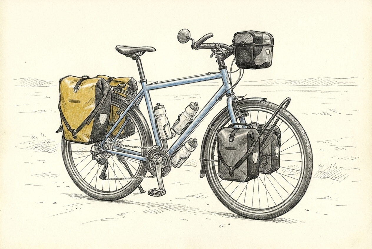 Le VTT de voyage Bamako équipé de porte-bagages, sacoches, garde-boue, rétroviseur et quatre porte-gourdes.